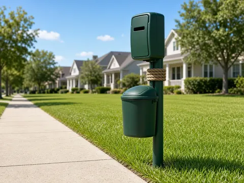 Pet waste station beside a neighborhood sidewalk (illustrative image)