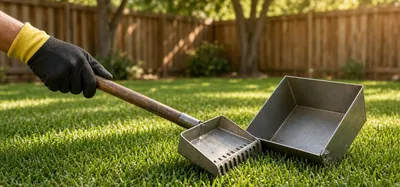 Illustrative photo: a gloved hand holds a rake scooper beside a waste pan on a clean green lawn