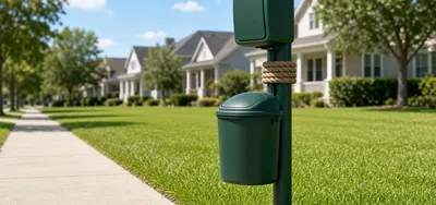 Pet waste station beside a neighborhood sidewalk (illustrative image)