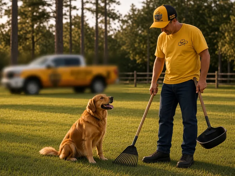 Illustrative photo: a yard-care worker in a branded yellow Howdy Yard Care cap and yellow shirt holds a rake scooper and a waste pan on a green lawn while a happy dog sits nearby, a yellow pickup blurred in the background